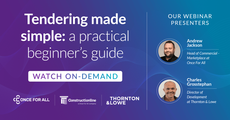 Webinar ad for "Tendering made simple," a beginner's guide, featuring presenters Andrew Jackson and Charles Grosstephan. Watch on-demand.