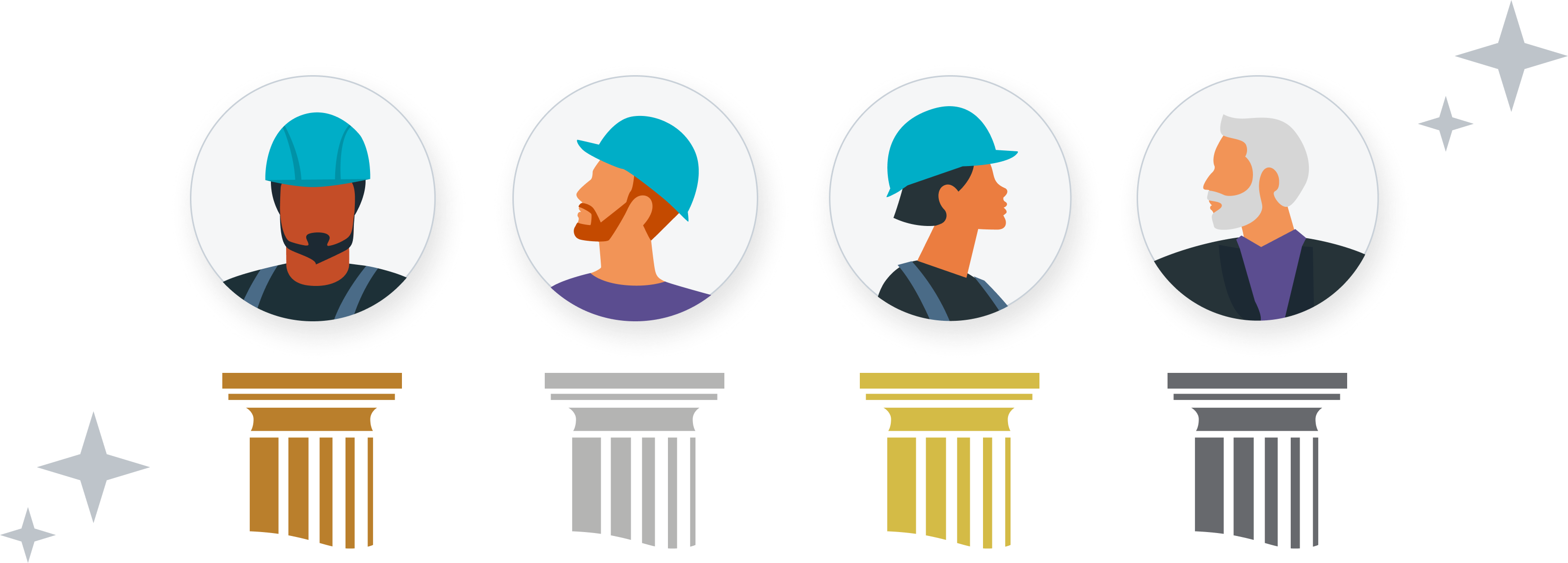 Illustration showing different supplier membership levels represented by worker profiles and bronze, silver, gold, and platinum membership icons.