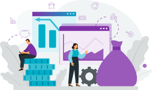 Illustration of a man analysing finances on a laptop, a woman presenting data charts, and large money symbols including coins and a bag.