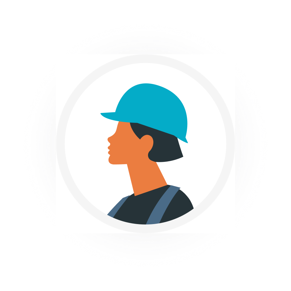 Construction worker avatar wearing a blue hard hat, facing left.