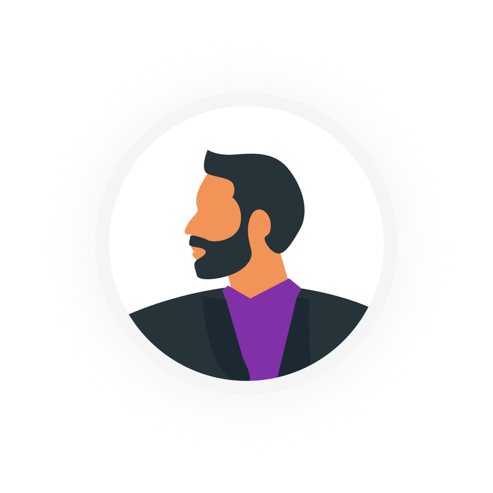Business professional avatar with a beard, facing left.