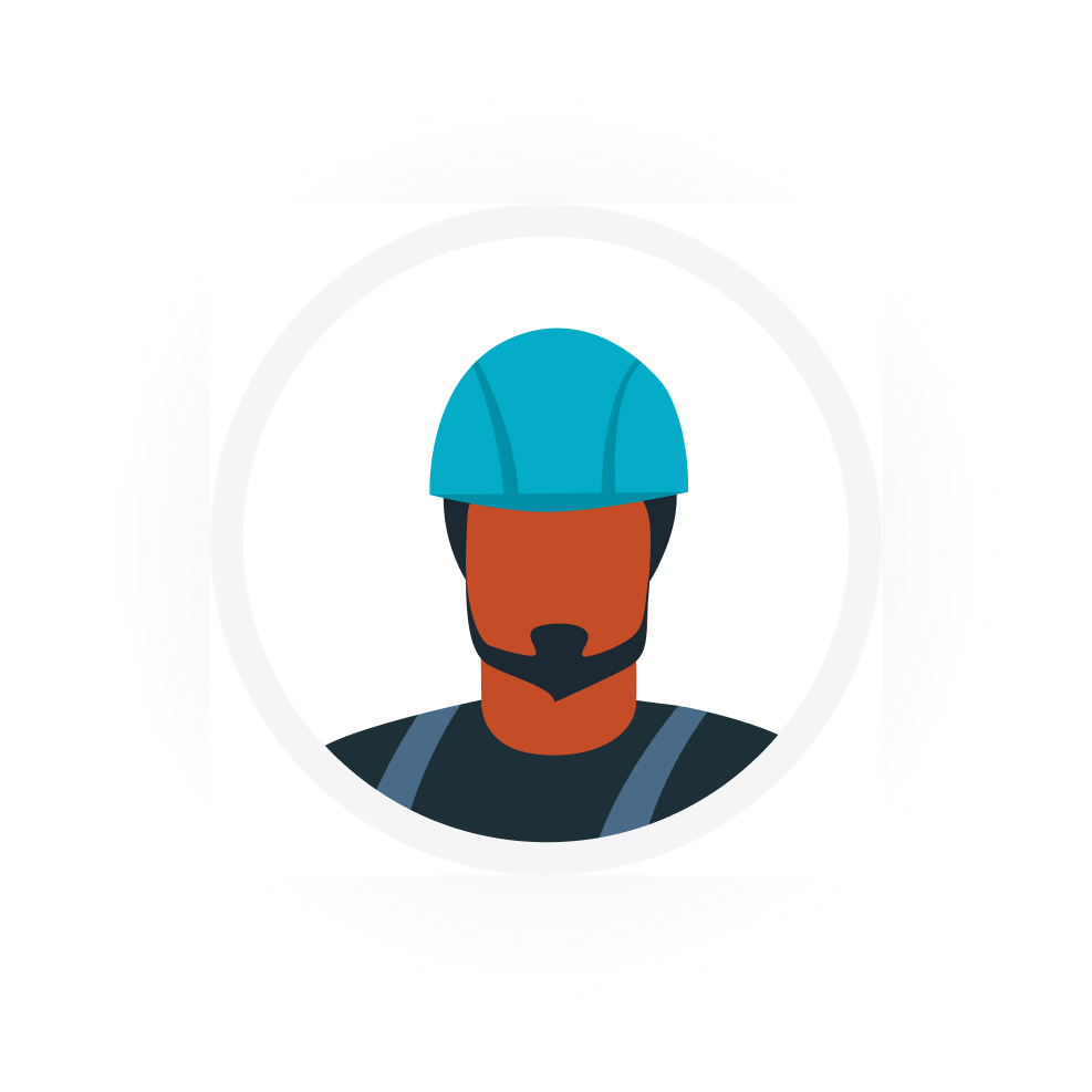 Construction worker avatar wearing a blue hard hat, facing forward.