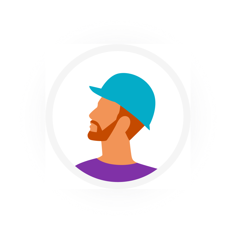 Construction worker avatar wearing a blue hard hat, facing left.