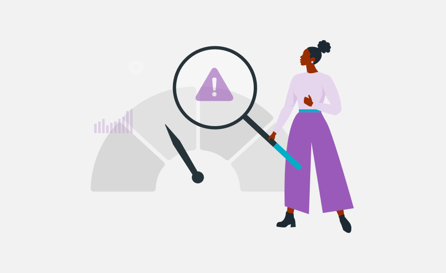 illustration of cartoon lady with magnifying glass identifying a problem on a scale