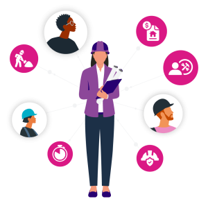 Female construction manager in helmet holding plans, surrounded by icons of workers, budgeting, tools, timing, and safety symbols.
