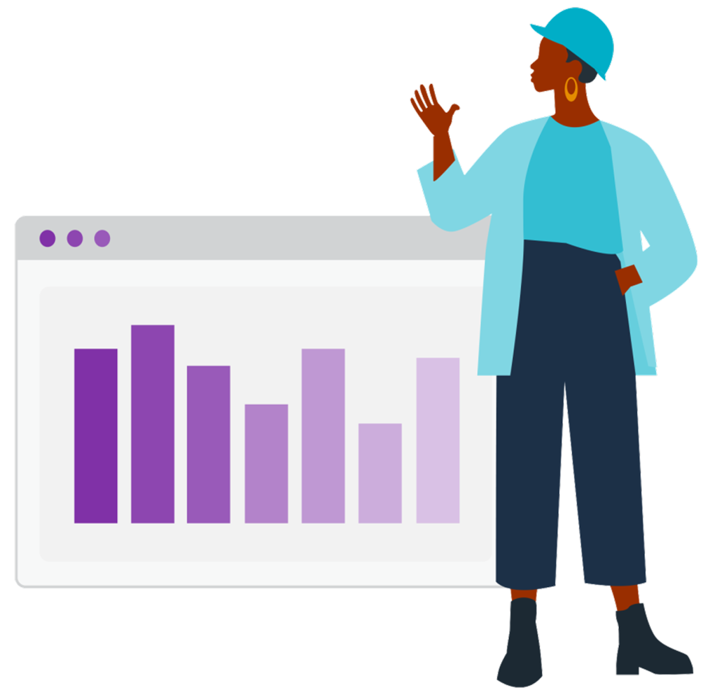 A woman in a blue outfit and cap gestures towards a bar graph displayed on a computer screen, illustrating data presentation.